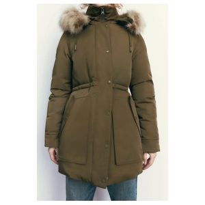 ZARA HOODED PARKA WITH FAUX FUR TRIM  KHAKI